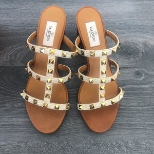 Valentino Rockstud Caged Woven Straw Sandals